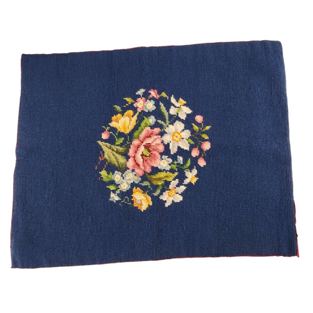 VTG Needlepoint Panel Wool & Satin Lined Floral 17X21 Blue Textile Cross-Stitch